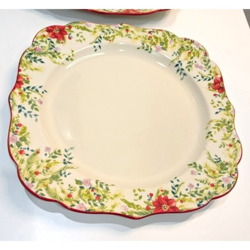 4 Pioneer Woman Holiday Cheer 10.75" Dinner Plates Red Rimmed Poinsetta EUC